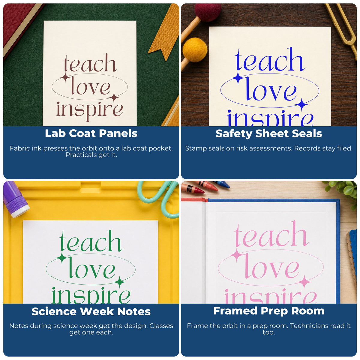 Four ways to use the Teach Love Inspire Orbit With Sparkles Rubber Stamp – Duo Hand: lab coat panels, safety sheet seals, science week notes and framed prep room.