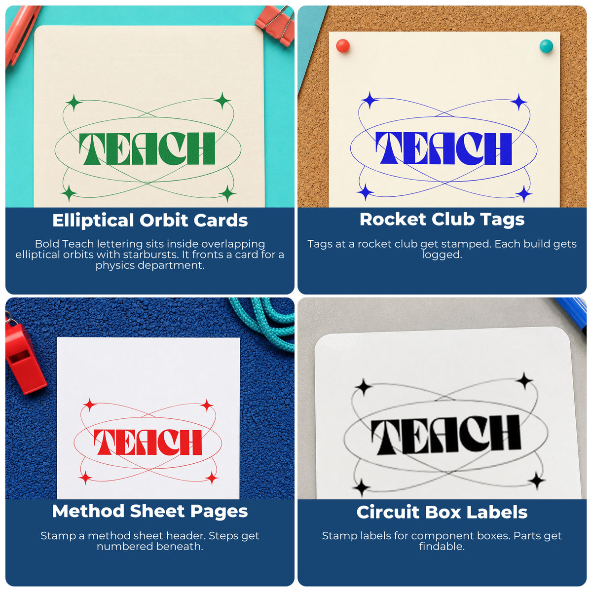 Four ways to use the Teach With Orbit Sparkles Premium Wooden Stamp - Vintage Pro: elliptical orbit cards, rocket club tags, method sheet pages and circuit box labels.