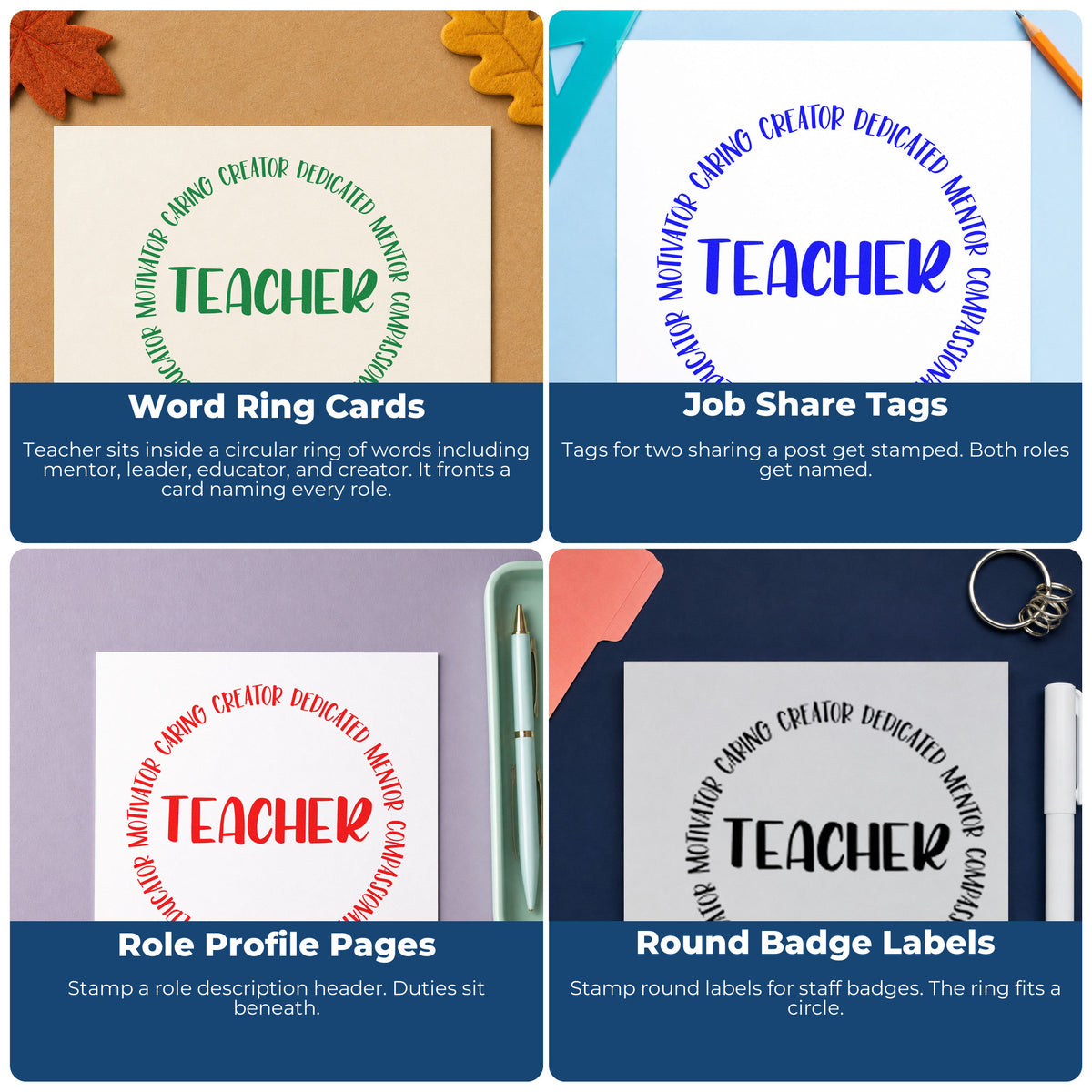 Four ways to use the Teacher Circular Qualities Slim Pre-Inked Stamp: word ring cards, job share tags, role profile pages and round badge labels.