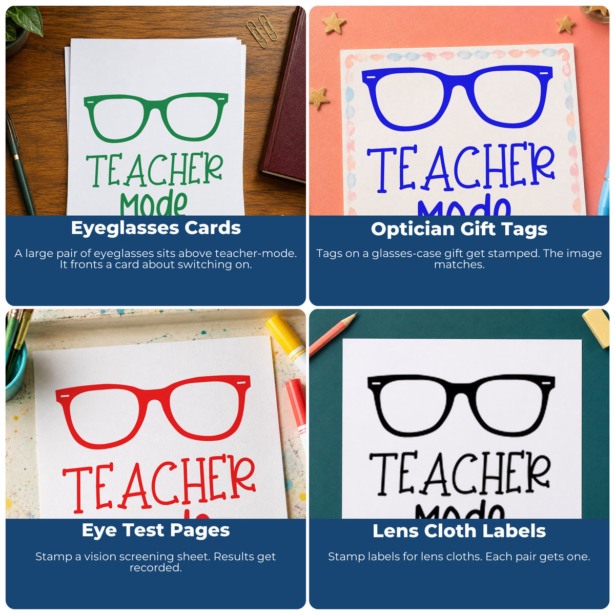 Four ways to use the Teacher Mode Glasses Lettering Premium Wood-Mounted Stamp - Vintage Pro: eyeglasses cards, optician gift tags, eye test pages and lens cloth labels.