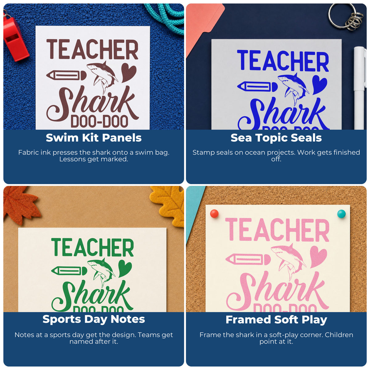 Four ways to use the Teacher Shark Doo-Doo Doo-Doo Pencil Hand Stamp – Duo: swim kit panels, sea topic seals, sports day notes and framed soft play.