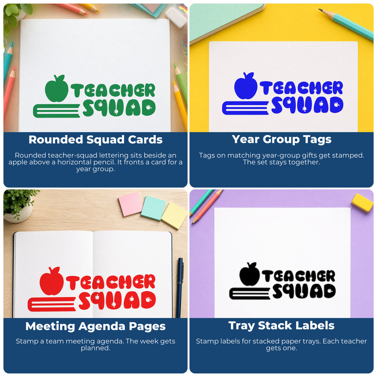 Four ways to use the Teacher Squad Apple Pencil Premium Wooden Stamp - Vintage Pro: rounded squad cards, year group tags, meeting agenda pages and tray stack labels.