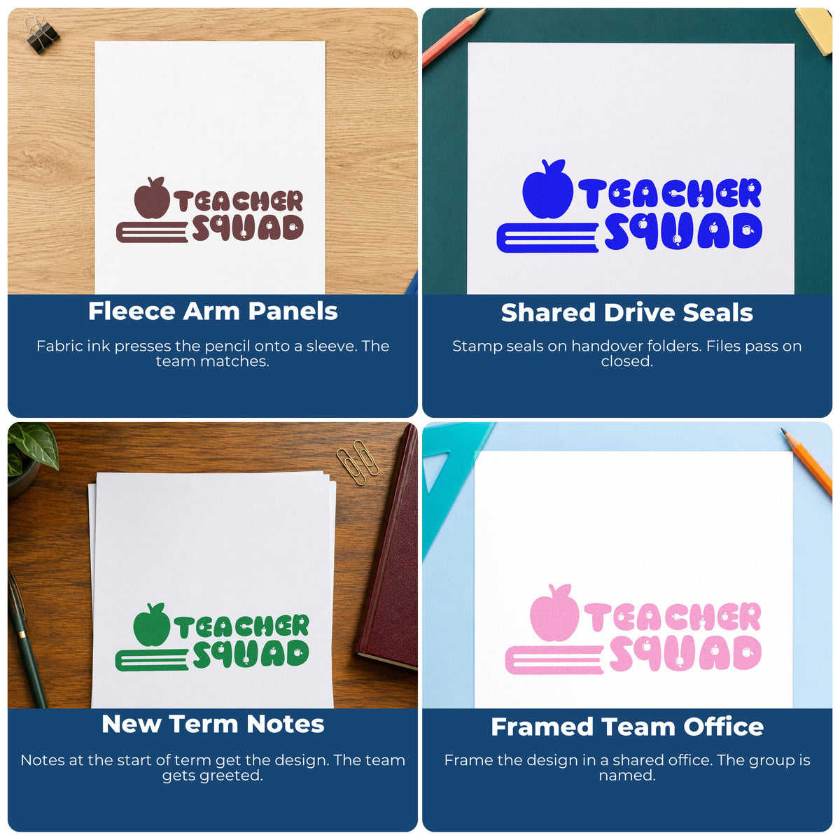 Four ways to use the Teacher Squad Apple Pencil Premium Wooden Stamp - Vintage Pro: fleece arm panels, shared drive seals, new term notes and framed team office.