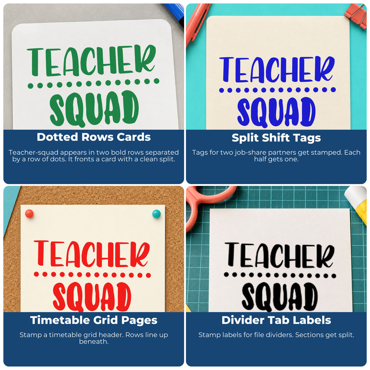 Four ways to use the Teacher Squad Dotted Divider Rubber Stamp – Duo Hand: dotted rows cards, split shift tags, timetable grid pages and divider tab labels.