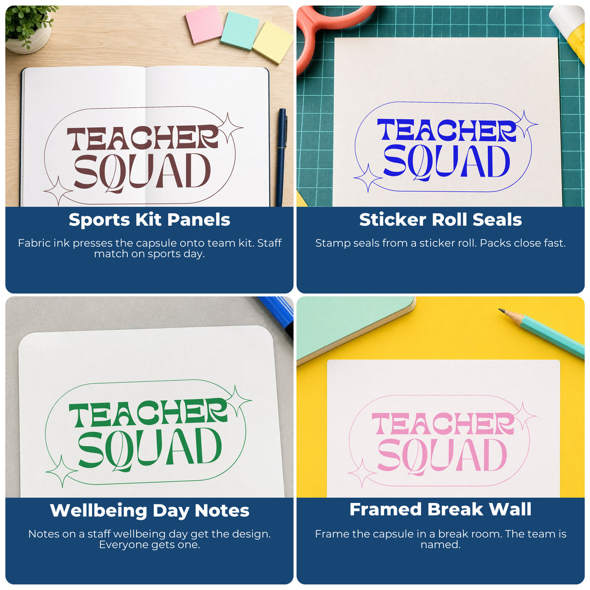 Four ways to use the Teacher Squad Sparkle Capsule Outline Detail Rubber Stamp – Wood Handle: sports kit panels, sticker roll seals, wellbeing day notes and framed break wall.