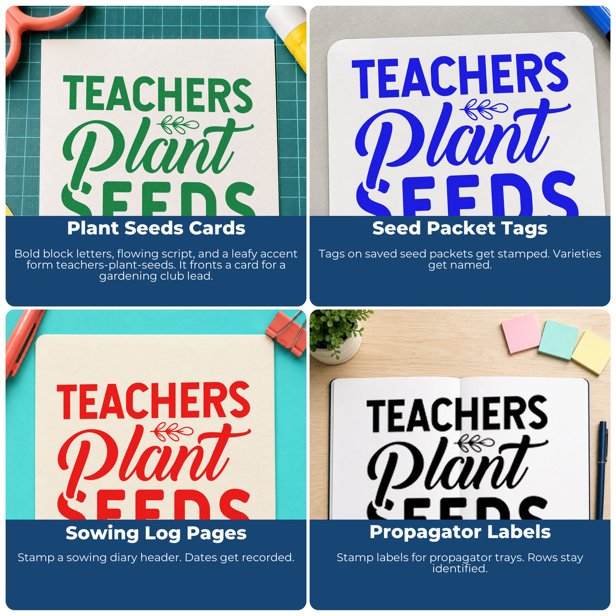 Four ways to use the Teachers Plant Seeds Lettering Stamp – Wood Handle: plant seeds cards, seed packet tags, sowing log pages and propagator labels.