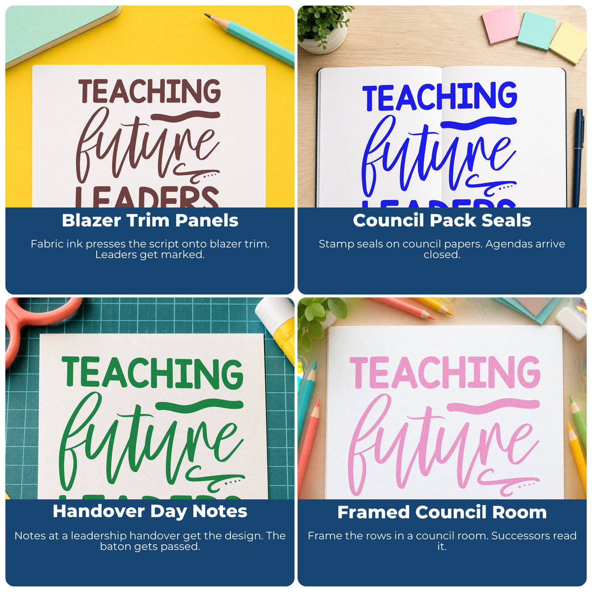 Four ways to use the Teaching Future Leaders Script Wood Handle Stamp: blazer trim panels, council pack seals, handover day notes and framed council room.