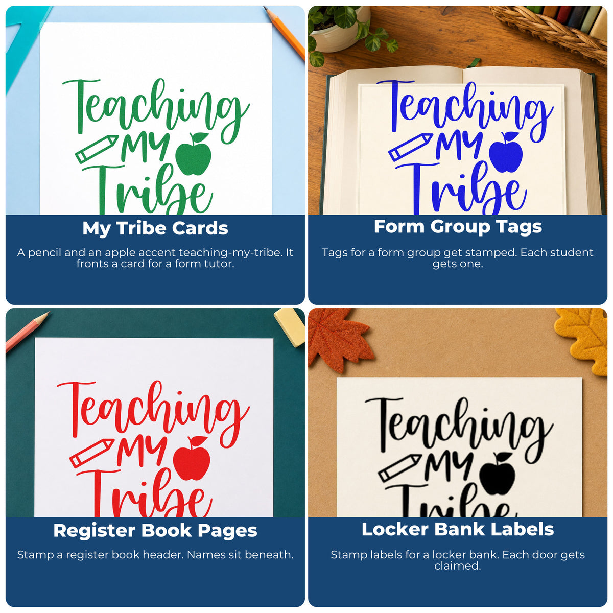 Four ways to use the Teaching My Tribe Icons Apple Stamp - Premium Vintage Pro Wooden: my tribe cards, form group tags, register book pages and locker bank labels.