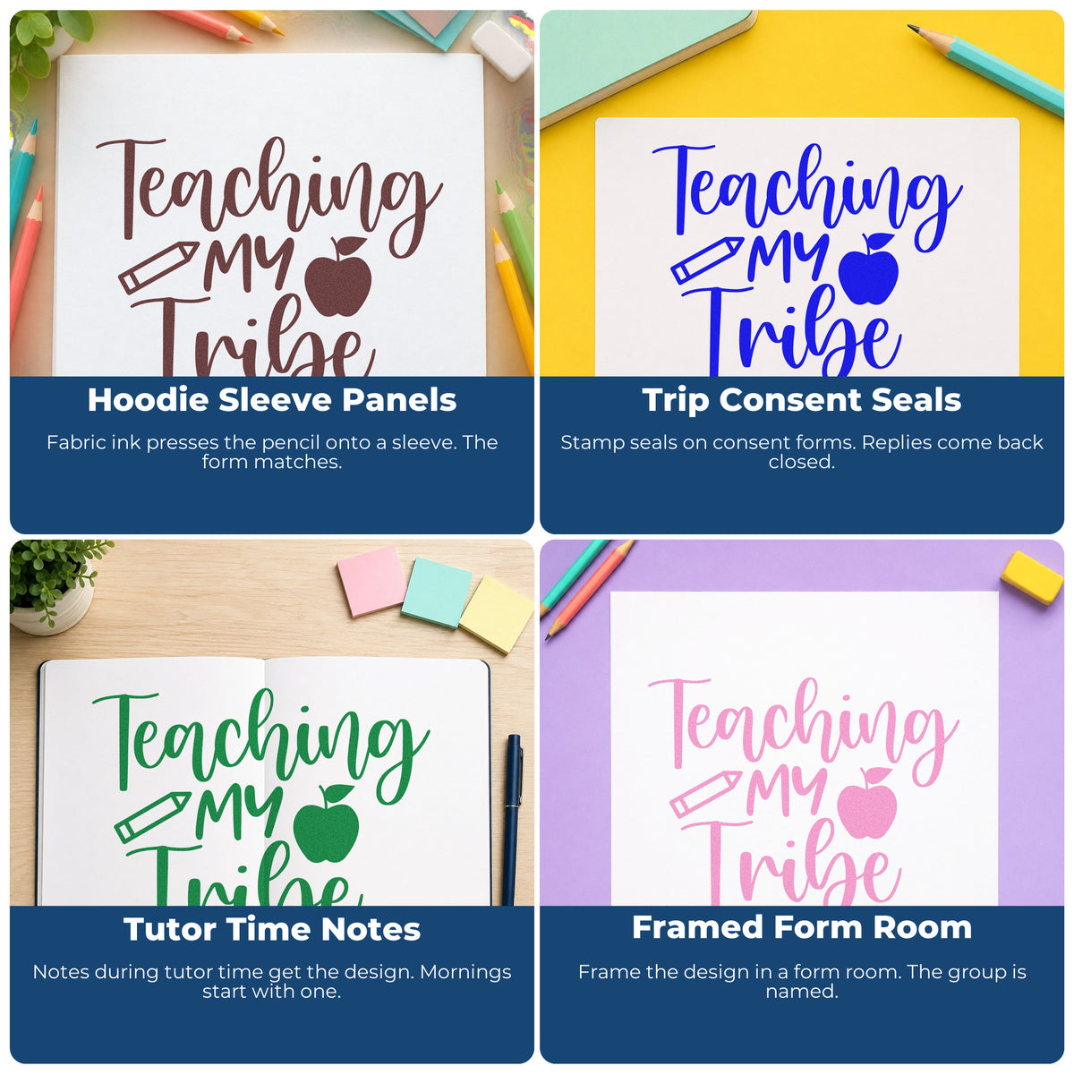 Four ways to use the Teaching My Tribe Icons Apple Stamp – Slim Pre-Inked: hoodie sleeve panels, trip consent seals, tutor time notes and framed form room.