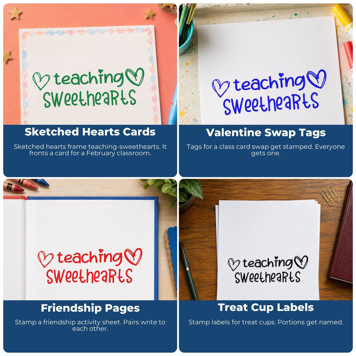 Four ways to use the Teaching Sweethearts With Hearts Pre-Inked Stamp – PSI: sketched hearts cards, valentine swap tags, friendship pages and treat cup labels.