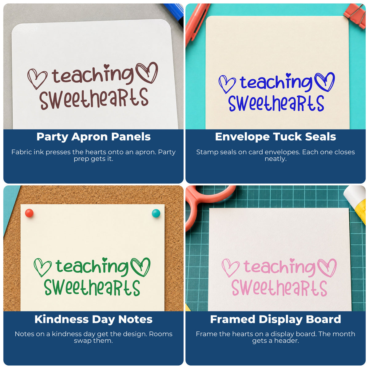 Four ways to use the Teaching Sweethearts With Hearts Slim Pre-Inked Stamp: party apron panels, envelope tuck seals, kindness day notes and framed display board.