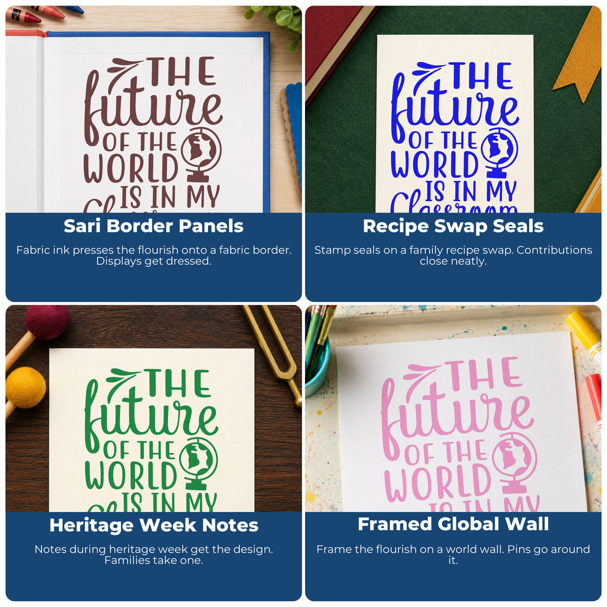 Four ways to use the PSI Pre-Inked Future World My Classroom Stamp: sari border panels, recipe swap seals, heritage week notes and framed global wall.