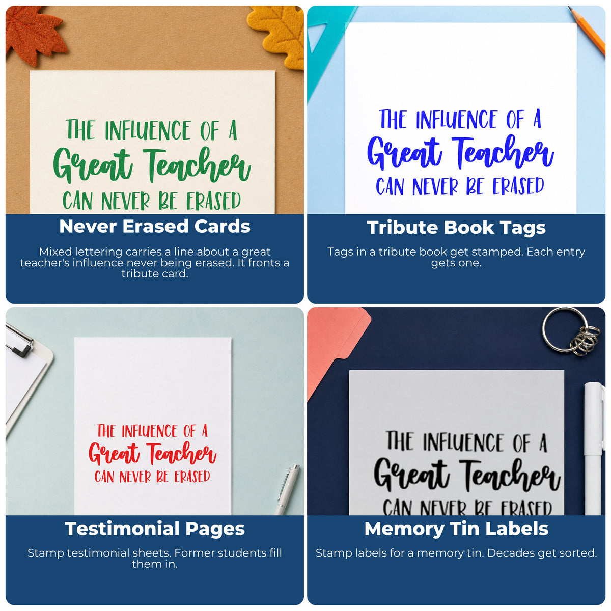 Four ways to use the Vintage Pro Great Teacher Lasting Influence Premium Wooden Stamp: never erased cards, tribute book tags, testimonial pages and memory tin labels.