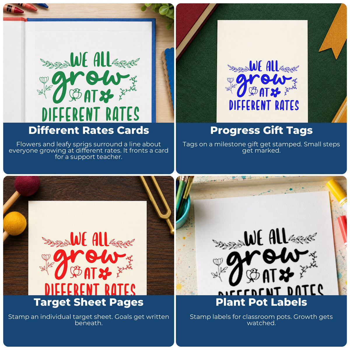 Four ways to use the We Grow At Different Rates Rubber Stamp – Wood Handle: different rates cards, progress gift tags, target sheet pages and plant pot labels.
