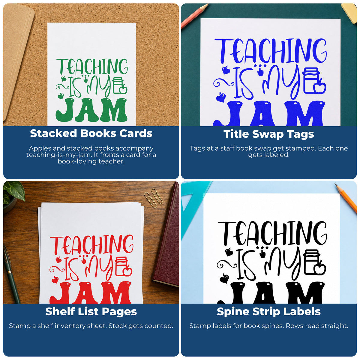 Four ways to use the Teaching Is My Jam Icons Apple Wood-Mounted Rubber Stamp: stacked books cards, title swap tags, shelf list pages and spine strip labels.