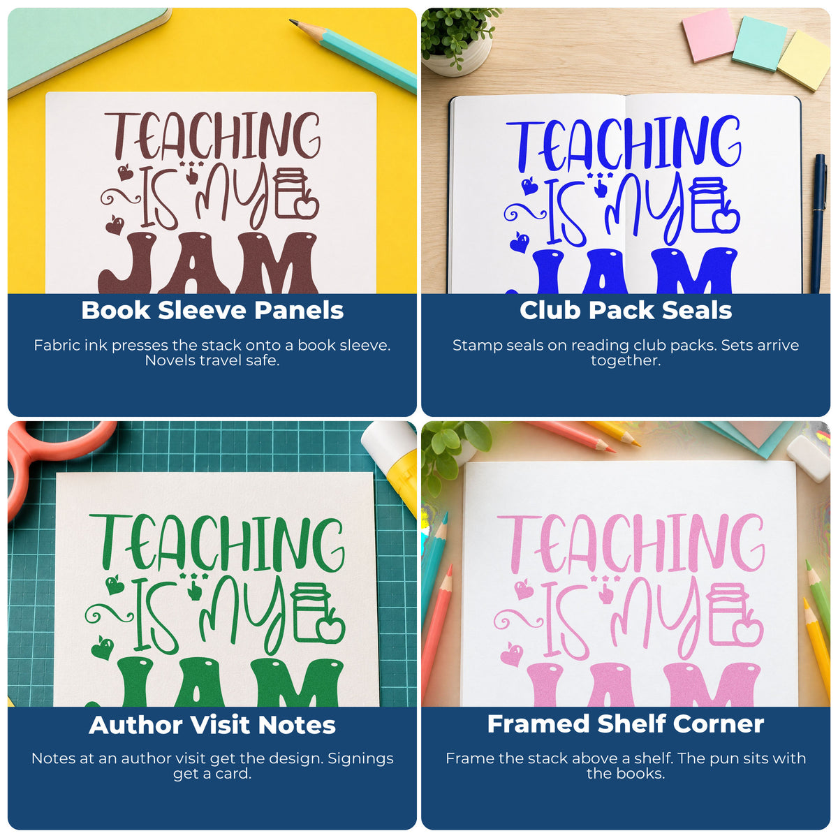 Four ways to use the Teaching Is My Jam Icons Apple Stamp - Premium Vintage Pro Wooden: book sleeve panels, club pack seals, author visit notes and framed shelf corner.