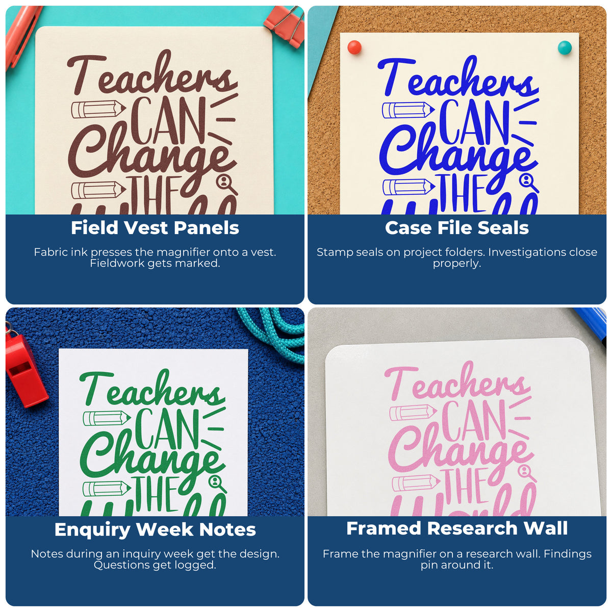 Four ways to use the Teachers Can Change The World Pre-Inked Stamp – PSI: field vest panels, case file seals, enquiry week notes and framed research wall.