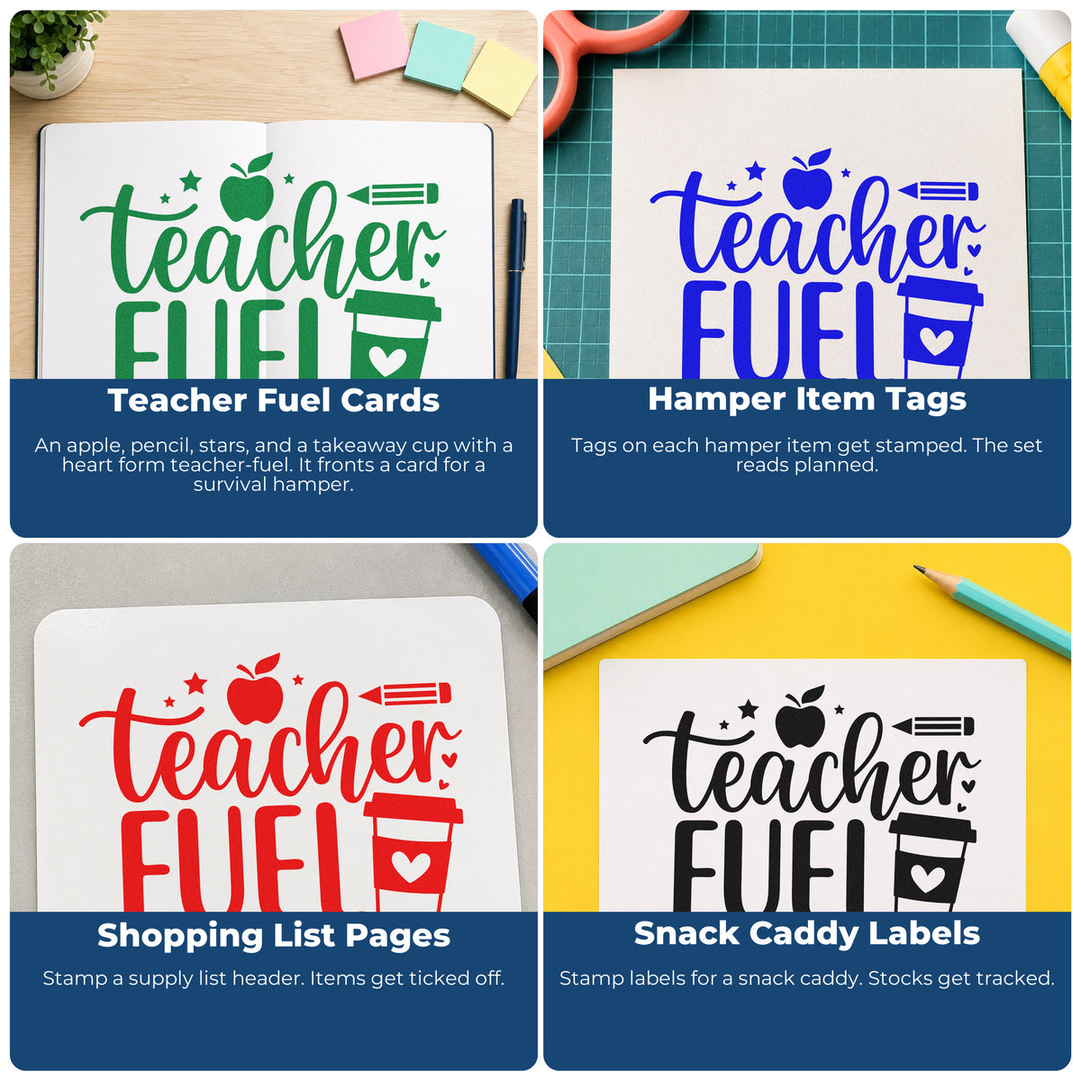 Four ways to use the Teacher Fuel Coffee Cup Premium Wooden Stamp - Vintage Pro: teacher fuel cards, hamper item tags, shopping list pages and snack caddy labels.