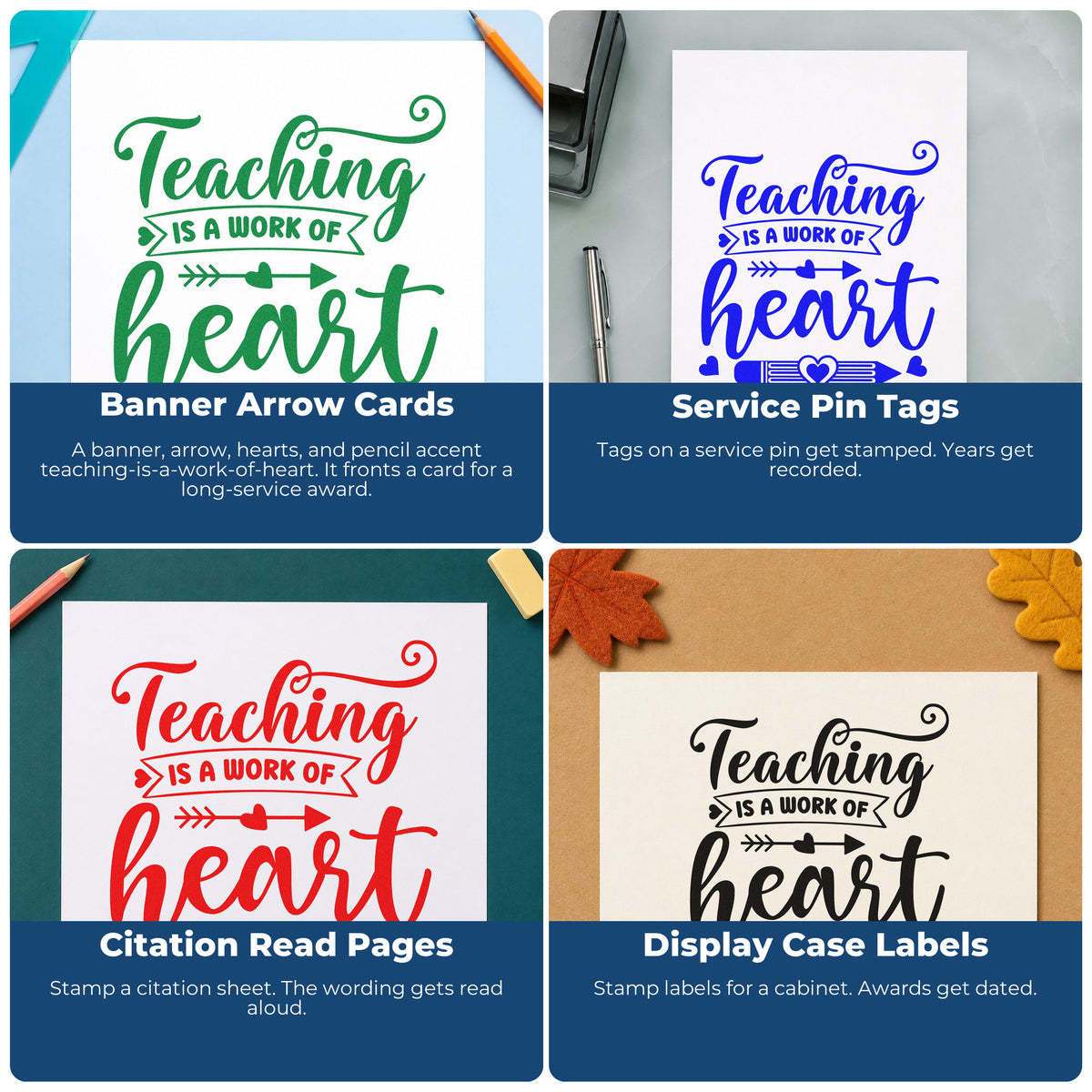 Teacher rubber stamp examples for grading, parent communication, student rewards, and homework folders in the classroom.