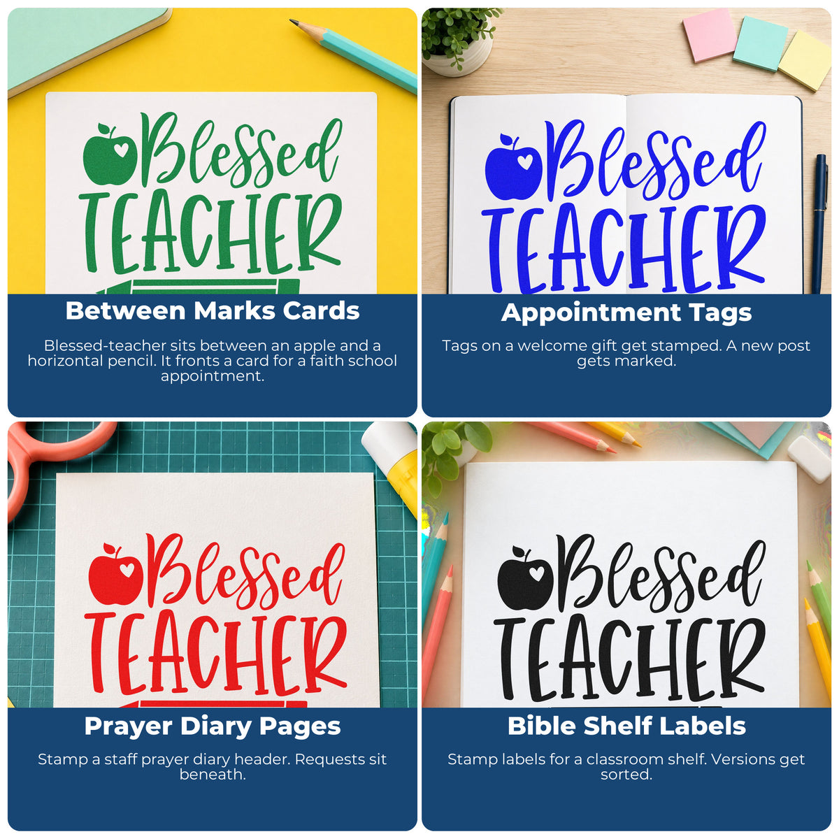 Four ways to use the Blessed Teacher Apple Pencil Duo Hand Stamp: between marks cards, appointment tags, prayer diary pages and bible shelf labels.