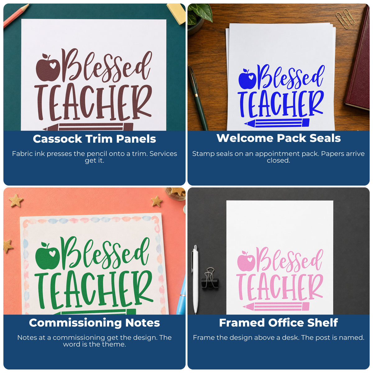 Four ways to use the Blessed Teacher Apple Pencil Stamp - Premium Vintage Pro Wooden: cassock trim panels, welcome pack seals, commissioning notes and framed office shelf.