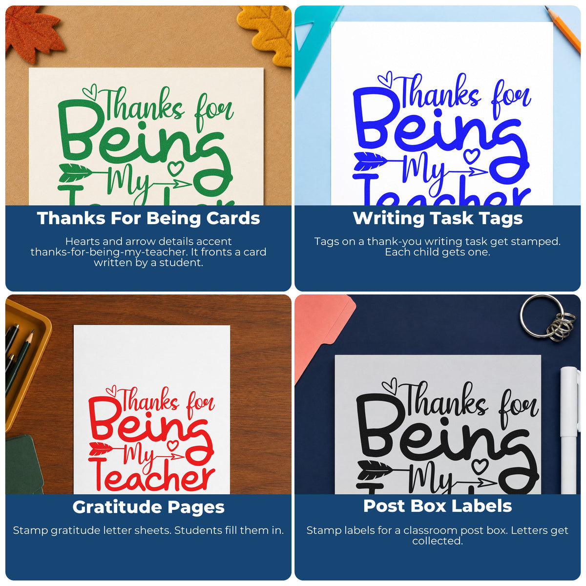 Four ways to use the Thanks For Being My Teacher With Hearts PSI Pre-Inked Stamp: thanks for being cards, writing task tags, gratitude pages and post box labels.