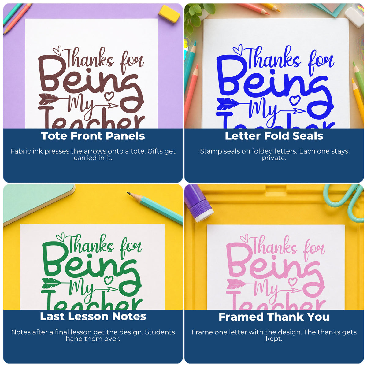 Four ways to use the Thanks For Being My Teacher With Hearts Pre-Inked Stamp – Slim: tote front panels, letter fold seals, last lesson notes and framed thank you.