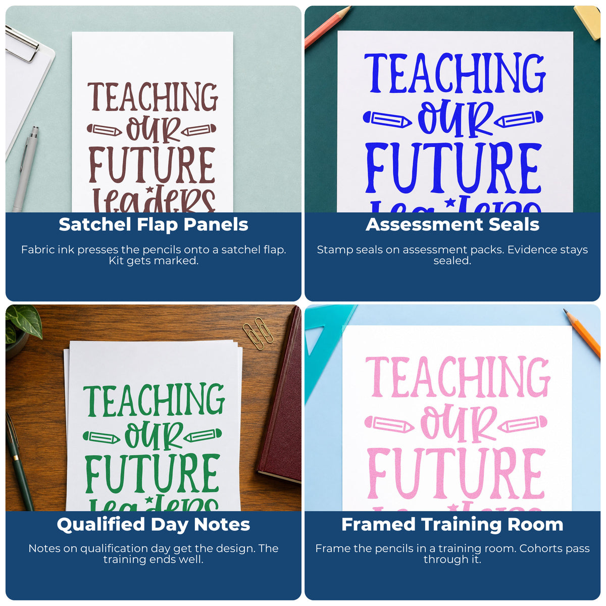 Four ways to use the Vintage Pro Teaching Our Future Leaders Premium Wooden Stamp: satchel flap panels, assessment seals, qualified day notes and framed training room.