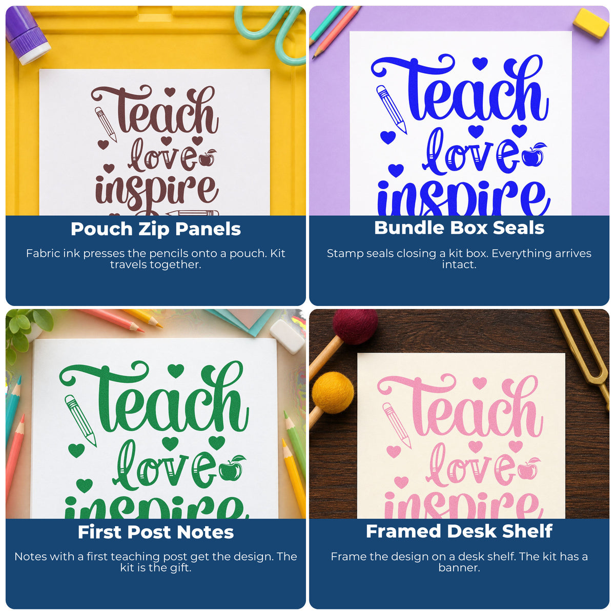Four ways to use the Teach Love Inspire Hearts Slim Pre-Inked Stamp: pouch zip panels, bundle box seals, first post notes and framed desk shelf.