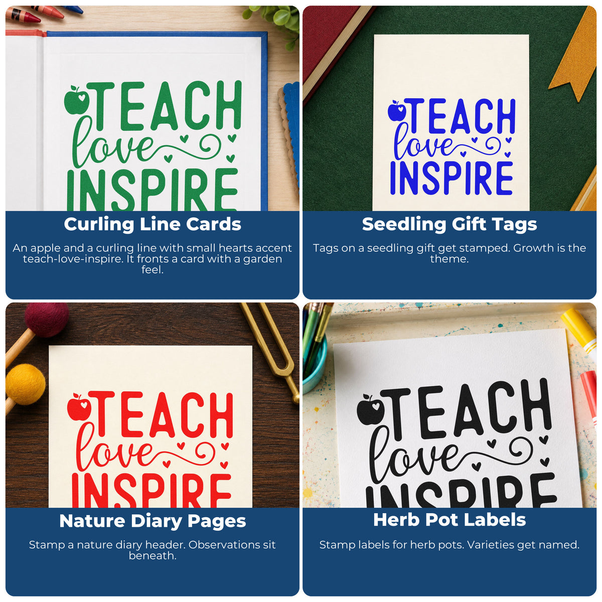 Four ways to use the Apple Hearts Teach Love Inspire Premium Wood-Mounted Stamp - Vintage Pro: curling line cards, seedling gift tags, nature diary pages and herb pot labels.