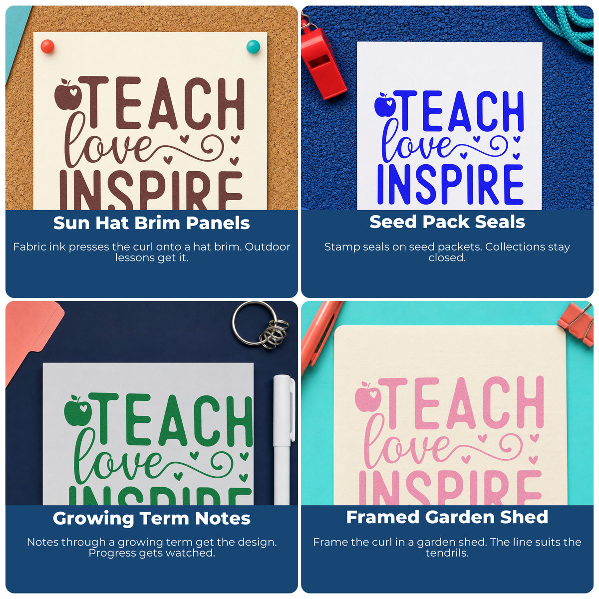 Four ways to use the Apple Hearts Teach Love Inspire Stamp – Wood Handle: sun hat brim panels, seed pack seals, growing term notes and framed garden shed.