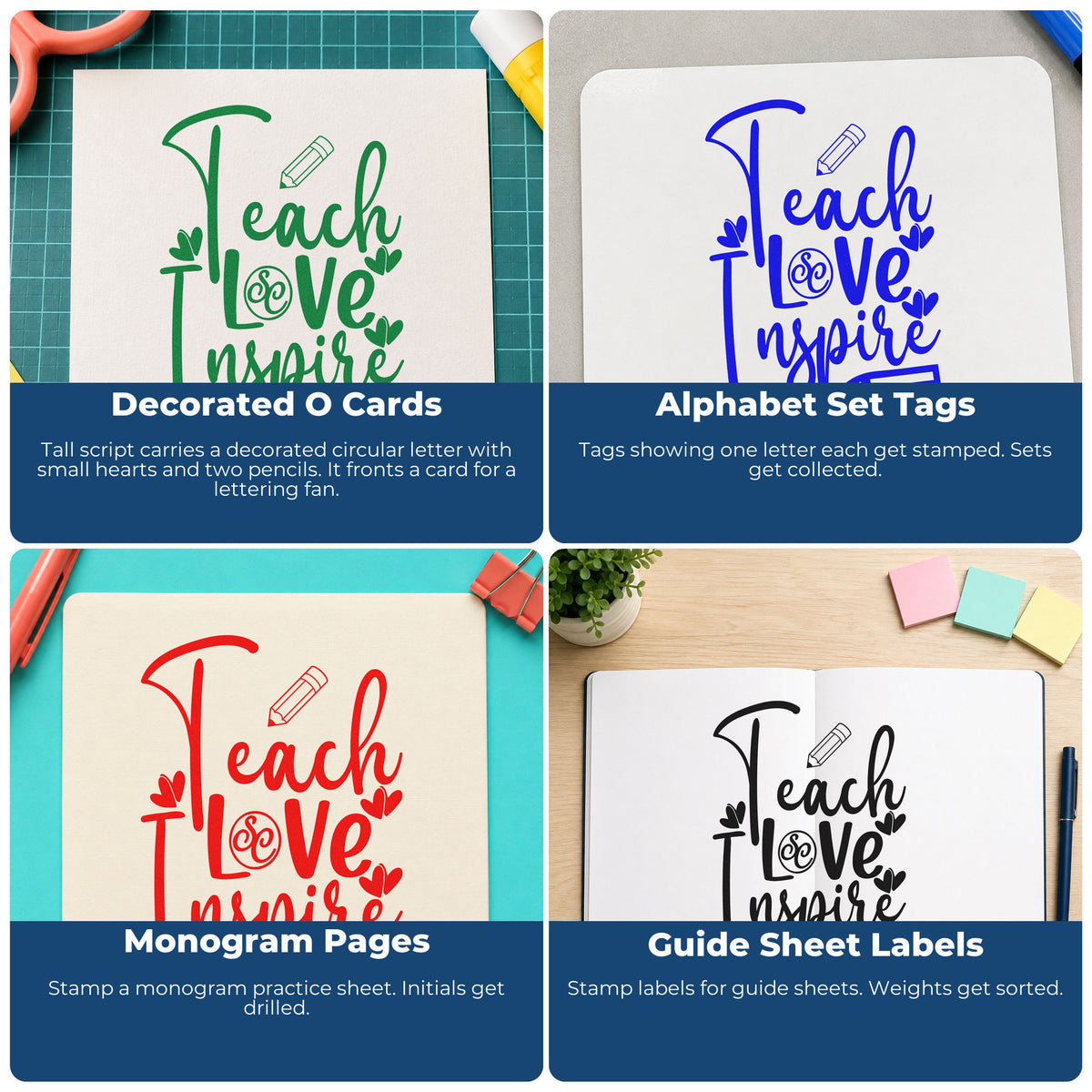 Four ways to use the Teach Love Inspire With Two Pencils Premium Wooden Stamp - Vintage Pro: decorated o cards, alphabet set tags, monogram pages and guide sheet labels.
