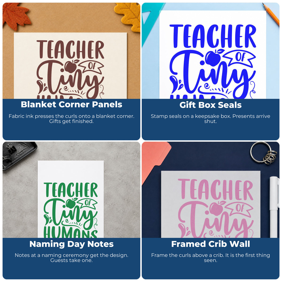 Four ways to use the Teacher Of Tiny Humans Apple Wood Handle Stamp: blanket corner panels, gift box seals, naming day notes and framed crib wall.