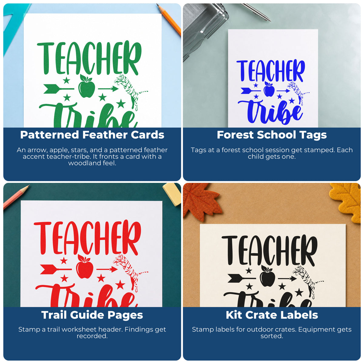 Four ways to use the Pre-Inked Teacher Tribe Arrow Apple With Stars Stamp – PSI: patterned feather cards, forest school tags, trail guide pages and kit crate labels.