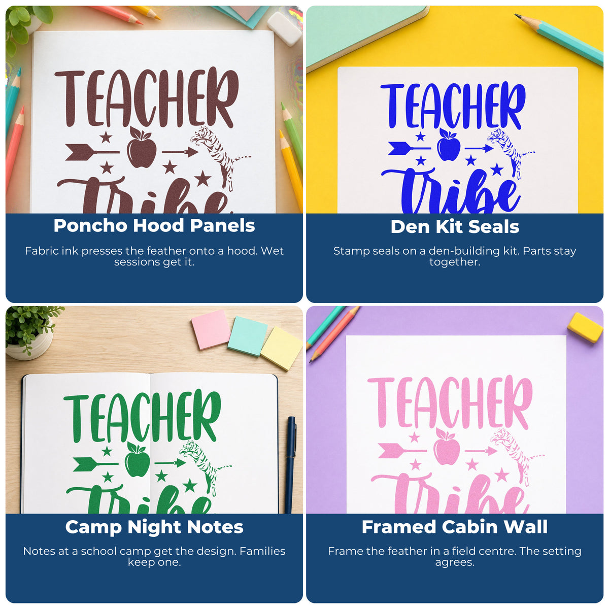 Four ways to use the Teacher Tribe Arrow Apple With Stars Hand Stamp – Duo: poncho hood panels, den kit seals, camp night notes and framed cabin wall.