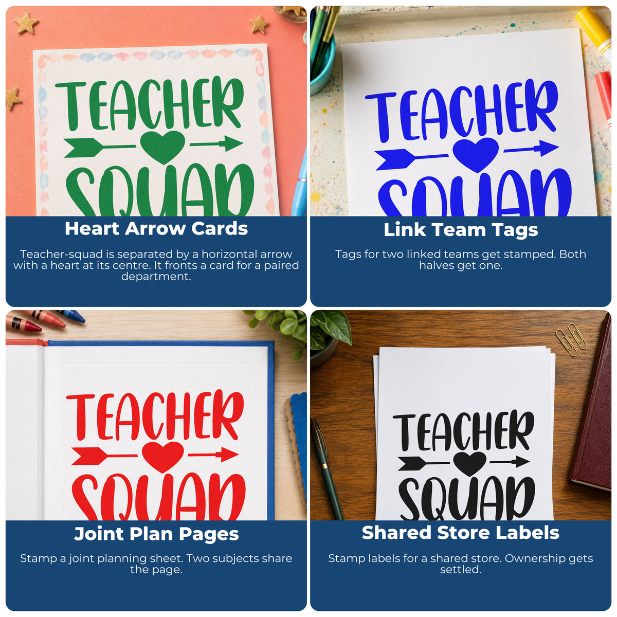Four ways to use the Heart And Arrow Teacher Squad PSI Pre-Inked Stamp: heart arrow cards, link team tags, joint plan pages and shared store labels.