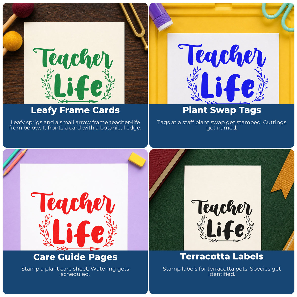 Four ways to use the Teacher Life Leafy Framed Lettering Duo Hand Stamp: leafy frame cards, plant swap tags, care guide pages and terracotta labels.