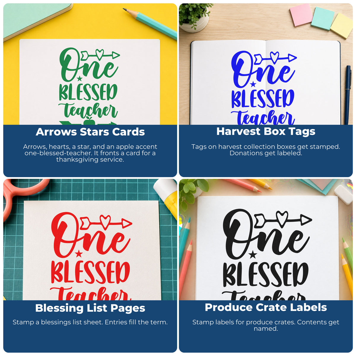 Four ways to use the One Blessed Teacher Arrows Wood Handle Stamp: arrows stars cards, harvest box tags, blessing list pages and produce crate labels.