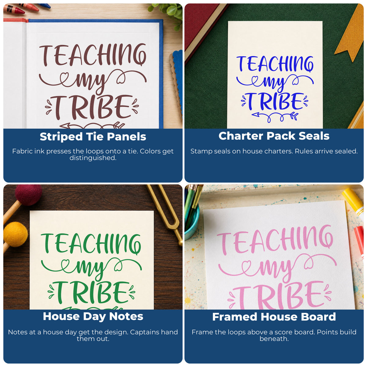 Four ways to use the Teaching My Tribe Self-Inking Stamp: striped tie panels, charter pack seals, house day notes and framed house board.