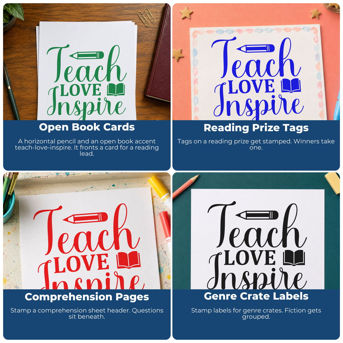 Four ways to use the Wood Handle Teach Love Inspire Book Pencil Rubber Stamp: open book cards, reading prize tags, comprehension pages and genre crate labels.