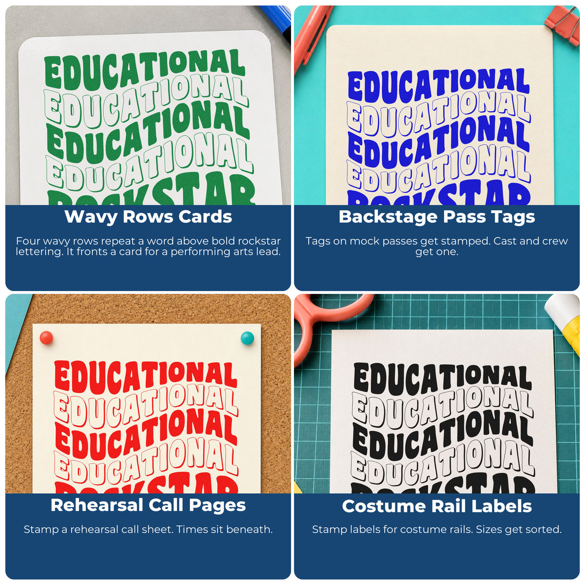 Four ways to use the Wavy Educational Rockstar Word Art Wood Handle Stamp: wavy rows cards, backstage pass tags, rehearsal call pages and costume rail labels.
