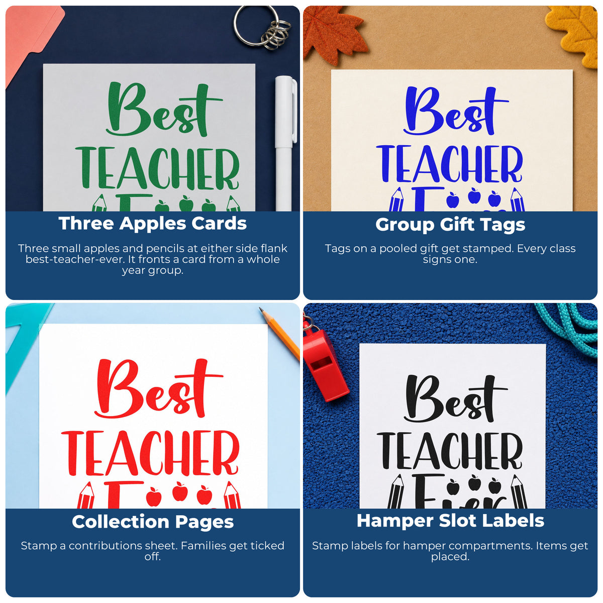 Four ways to use the Best Teacher Ever Pencils Apple Hand Stamp – Duo: three apples cards, group gift tags, collection pages and hamper slot labels.