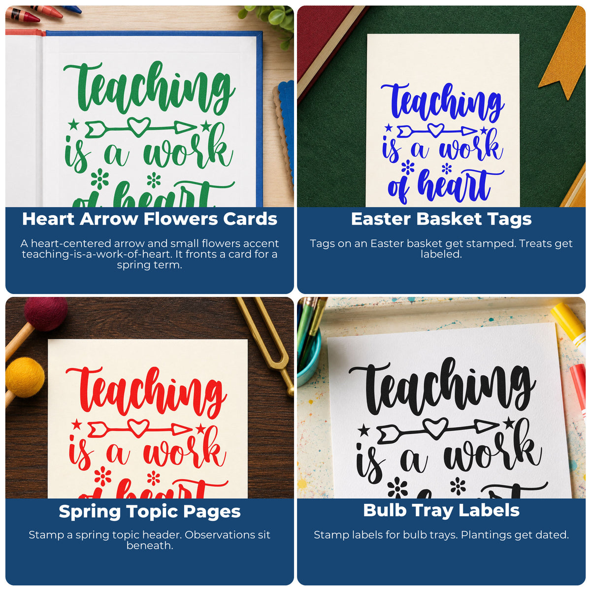 Four ways to use the PSI Pre-Inked Teaching Work Of Heart Arrow Floral Accents Stamp: heart arrow flowers cards, easter basket tags, spring topic pages and bulb tray labels.