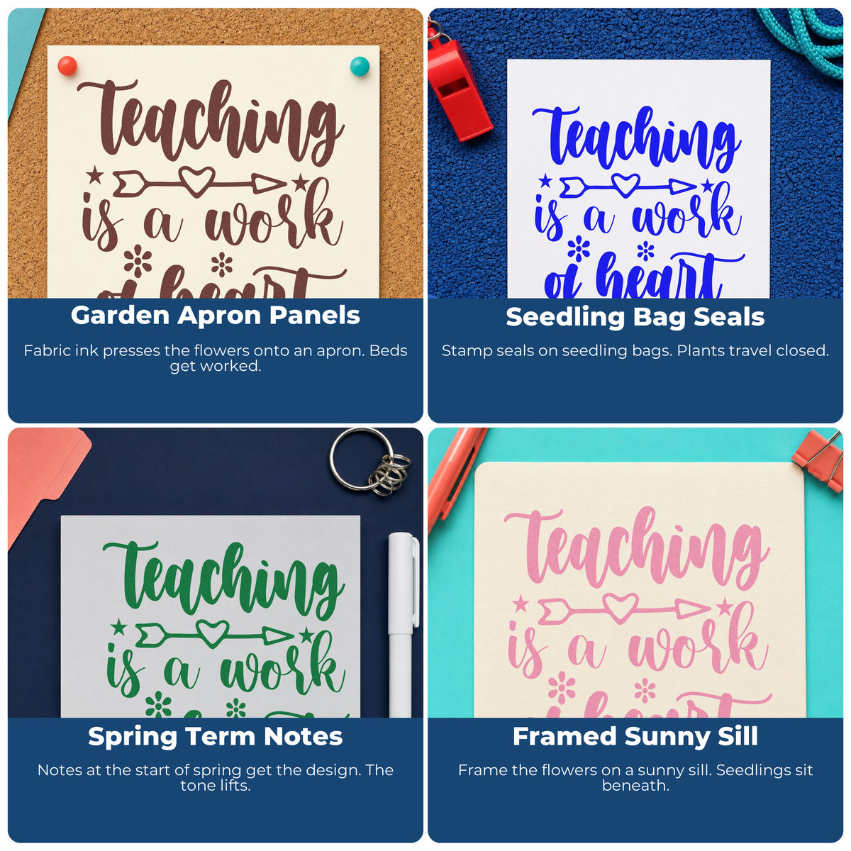 Four ways to use the Teaching Work Of Heart Arrow Floral Accents Duo Hand Stamp: garden apron panels, seedling bag seals, spring term notes and framed sunny sill.