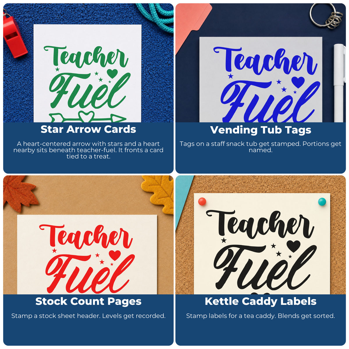 Four ways to use the Teacher Fuel Heart Arrow Stamp – Duo Hand: star arrow cards, vending tub tags, stock count pages and kettle caddy labels.