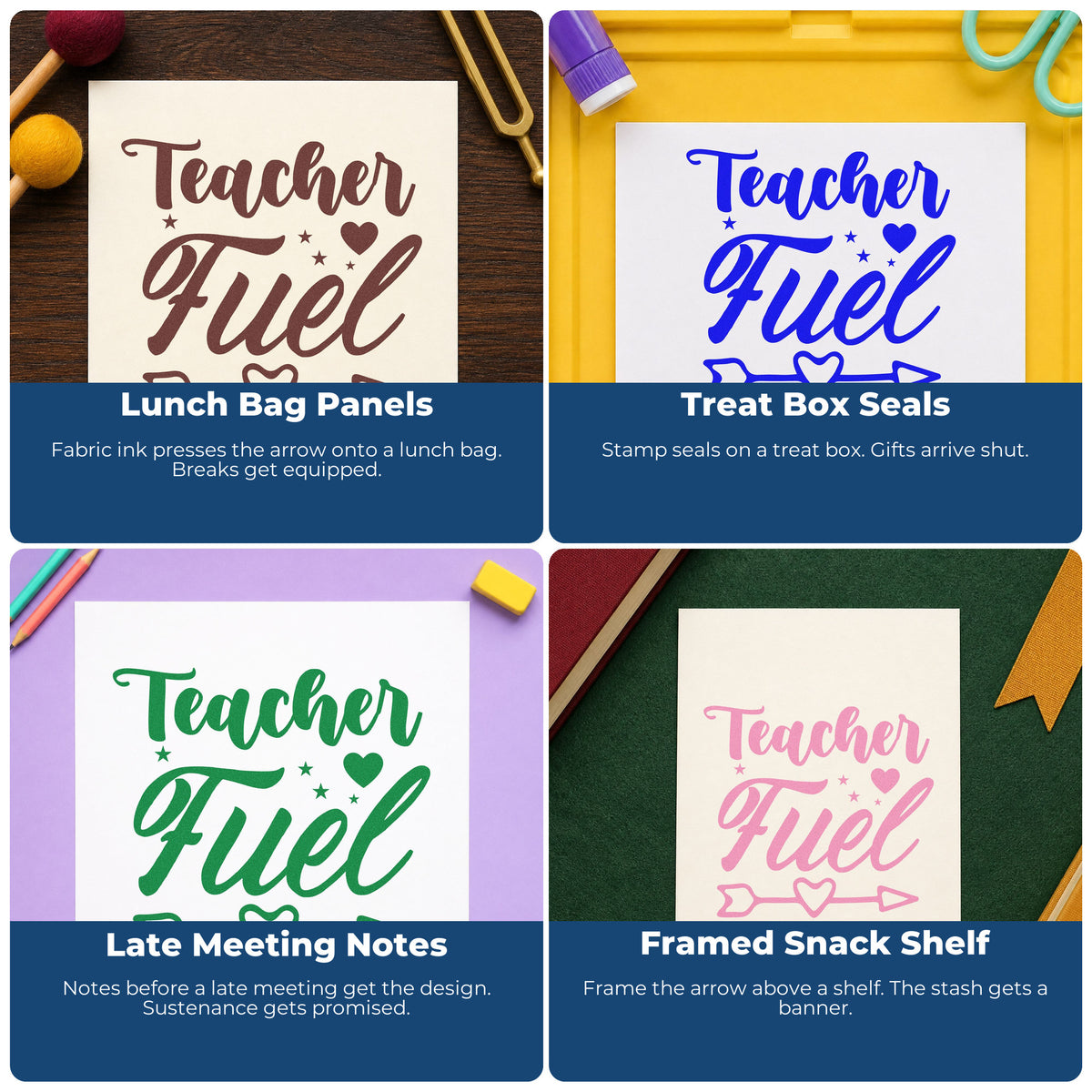 Four ways to use the Teacher Fuel Heart Arrow Premium Wood-Mounted Stamp - Vintage Pro: lunch bag panels, treat box seals, late meeting notes and framed snack shelf.