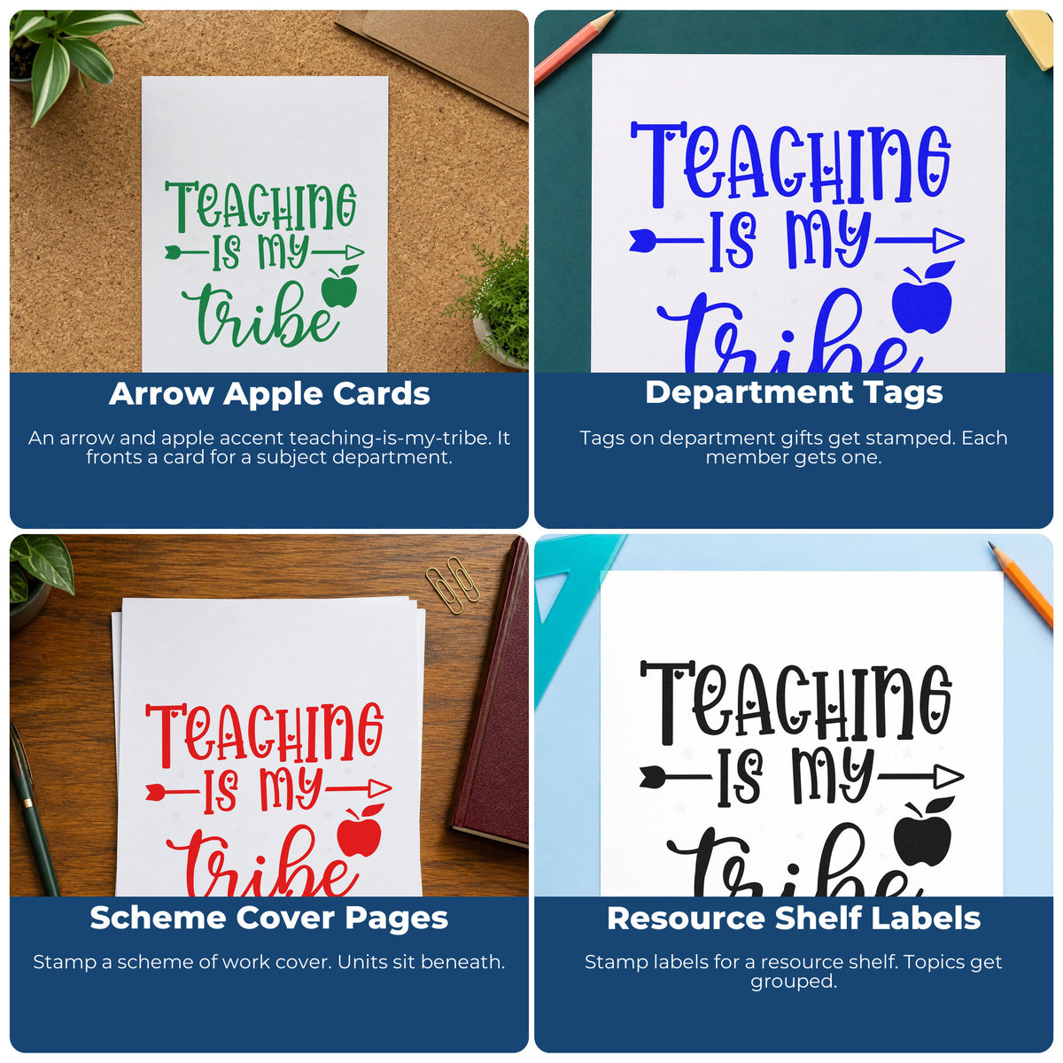 Four ways to use the Teaching Is My Tribe Apple Rubber Stamp – Duo Hand: arrow apple cards, department tags, scheme cover pages and resource shelf labels.
