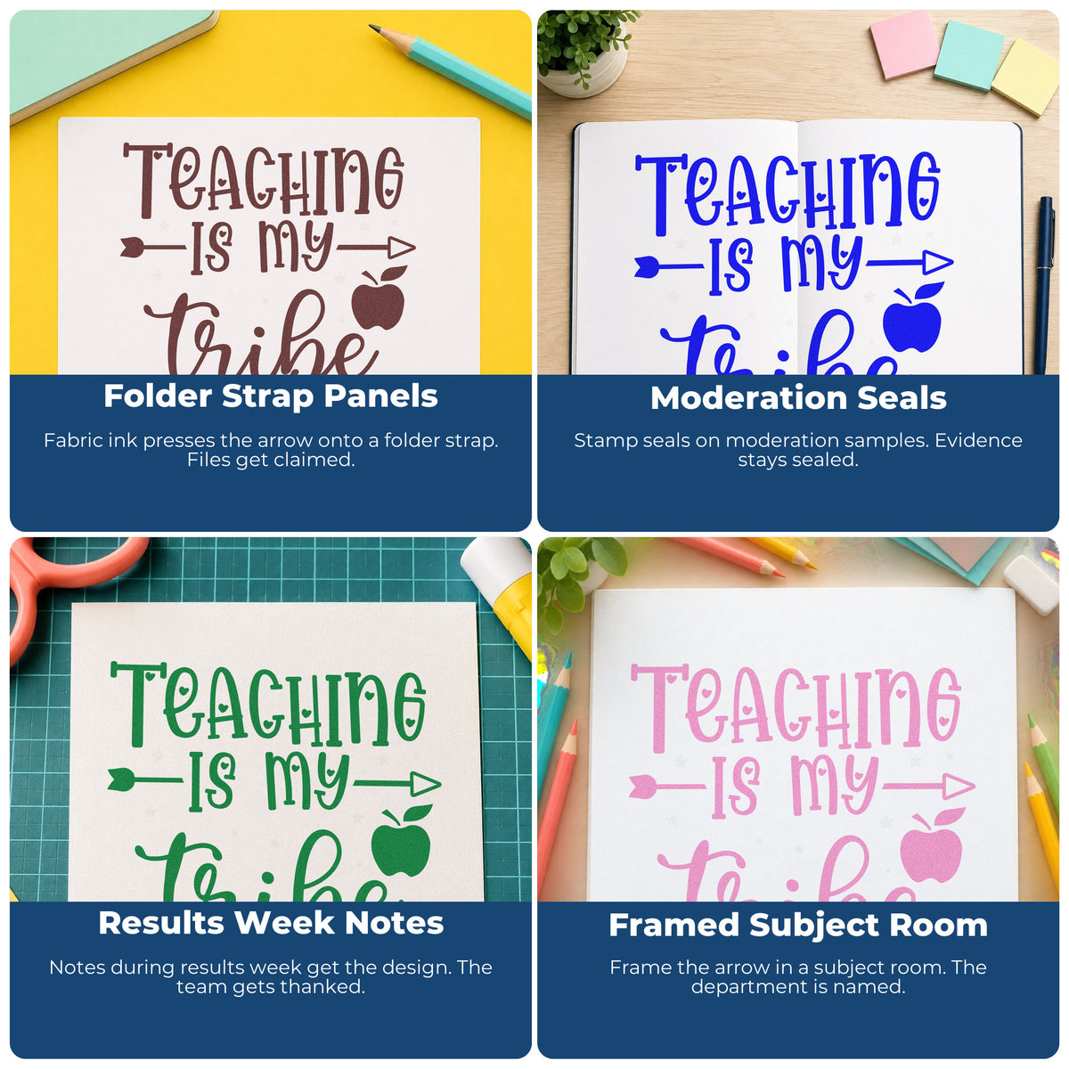 Four ways to use the Teaching Is My Tribe Apple Rubber Stamp – Duo Hand: folder strap panels, moderation seals, results week notes and framed subject room.