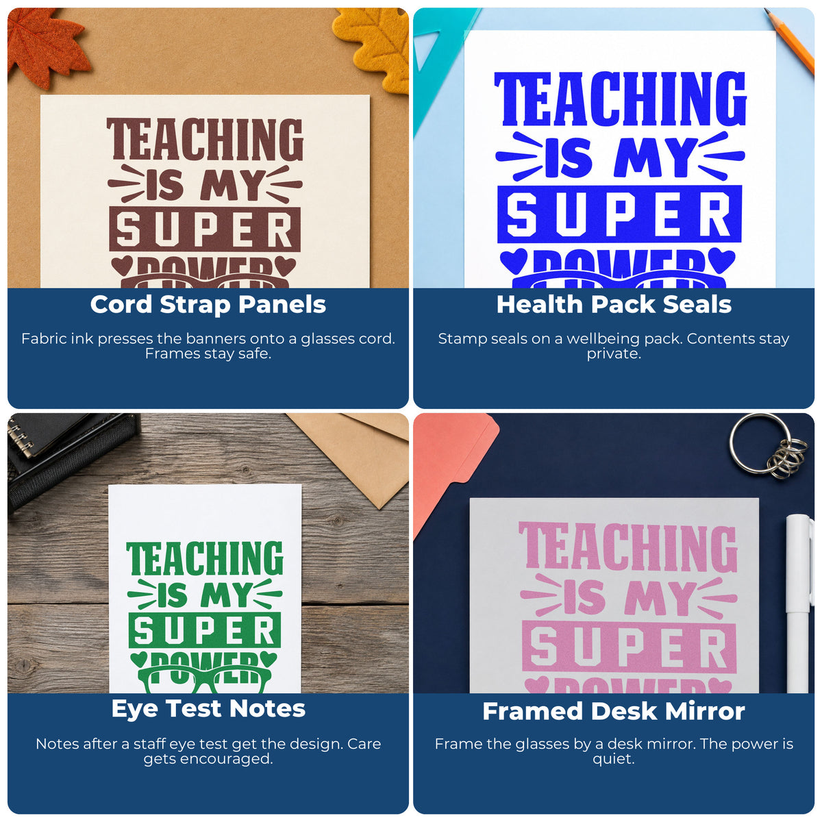 Four ways to use the Teaching Super Power Glasses With Hearts Stamp – Self-Inking: cord strap panels, health pack seals, eye test notes and framed desk mirror.