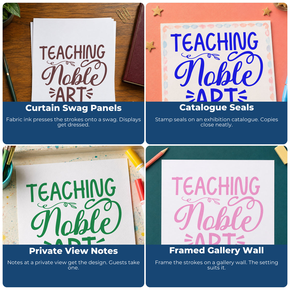 Four ways to use the Teaching Noble Art Flourishes Pre-Inked Stamp – PSI: curtain swag panels, catalog seals, private view notes and framed gallery wall.